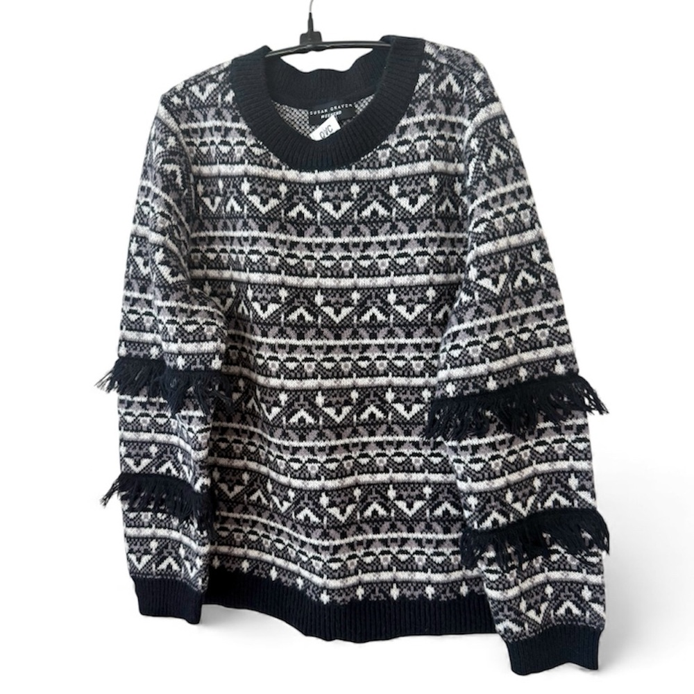 🆕 Susan Graver (QVC) detailed knit black/white fringe sweater *NWT* $74 size: L